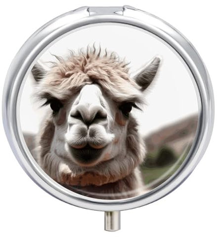 Pillendose mit 3 Fächern, lustiges Alpaka-Llama, bedruckt, rund, kleine Pillendose für Tasche, Geldbörse, Aktentasche, Pillen, Medizin, Lebertran, Aufbewahrungsbox, Ohrstöpsel-Etui