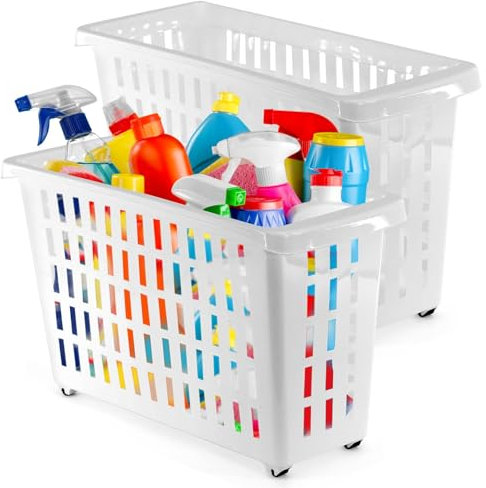GEEZY Set of 2 White Plastic Storage Baskets with Wheels for Home Office and Shelves