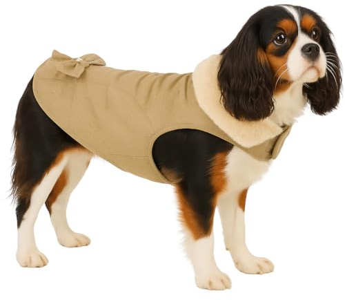 Hundemantel Winter – Guzzi Beige – A:35cm – Polyester – Waschbar bei 30°C – Weiches Fleecefutter – Mit Schleife – Flamingo