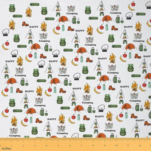 Homemissing Kinder Happy Camping Patchwork Stoffe Camper Stoff Meterware für Stühle für Jungen Dekor RV Camping Stoff 276x150cm Flamme Weiß Polsterstoff