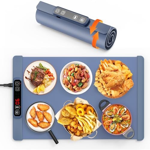 LUCKEA Electric Warming Tray with 5 Adjustable Temperature Control, Foldable Food Warmer for Parties, Precise Heating Time and Child-Lock, Large Hot Plate for Buffet, Blue