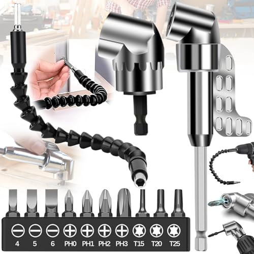 Oneroomone 13 Stück Flexible Welle Bohrmaschine Bithalter, 105° Winkelschrauber Aufsatz, Flexible Welle Bohrmaschine Bithalter Akkuschrauber, Multi-function Winkelschrauber Aufsatz(Mit 10 Bohrer)