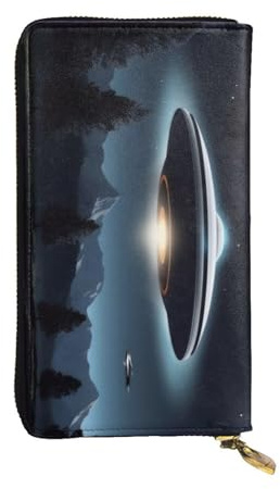 BKTRAVERPT Portefeuille long élégant avec fermeture éclair - Soucoupe volante la nuit - Portefeuille en cuir pour pièces de monnaie - Organisateur de cartes de crédit pour femme et homme - Motif