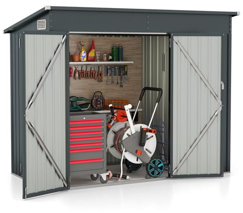 RELAX4LIFE Metall Geräteschuppen 2 Türen, 235x117x185 cm, Outdoor-Werkzeughaus mit geneigtem Dach, Belüftungsfenstern & Innen- und Außentürverriegelungen, Wind- & regensicher (Dunkelgrau)