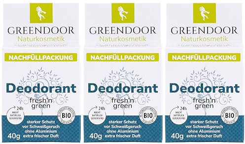 GREENDOOR Deodorant Refill System, 3 * 40g Refills fresh'n green, nachfüllbares festes Deo ohne Aluminium, sicherer starker Schutz, vegan, extra frischer Duft, plastikfrei
