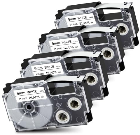 Pristar 4x Schriftband Kompatibel für Casio XR-9WE XR9WE Etikettenband für Casio KL-60 KL-70E KL-100 KL-120 KL-200 KL-300 KL-750 KL-780 KL-820 KL-2000 Beschriftungsgerät, Schwarz auf Weiß, 9mm x 8m