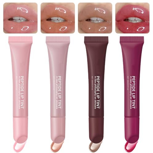 Peptide Lip Tint*4, Lip mit Peptiden,Feuchtigkeitsspendend und Hydratisierend,Lippenbalsam,Lippenöl mit Glänzendem Finish Lip,4 Farben Set für Frauen Mädchen(4PCS, 10ml)