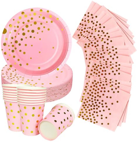 52P Pink and Gold Foil Polka Dots Tableware for Her,Girls,Women,Pink and Gold Dots Plates Paper Cups and Napkins,Sparkling Golden Dots Dinnerware Sets for Birthday,Wedding,Baby Shower Party Tableware