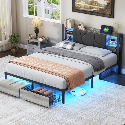 BRILVERDE Doppelbett Polsterbett 140x200cm,2 Schubladen,Stauraumbett mit LED-Beleuchtung und USB-Ladefunktion,modernes metallrahmenbett (140x200 cm)