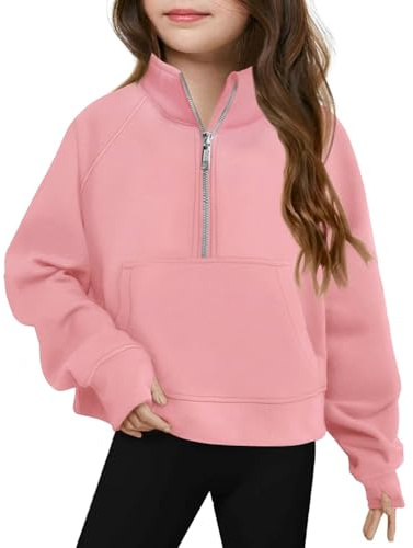 Felpa con cappuccio da donna con cappuccio spesso vento Felpa a maniche lunghe per ragazze oversize casual con cerniera carina mezza chiusura Maglione girocollo cotone/V traspirante sport, Rosa, 5-6