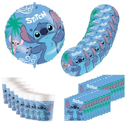 Procos - Vajilla de fiesta Disney Stitch, decoración de cumpleaños de 37 piezas contiene 8 platos de papel, 8 vasos de papel, 20 servilletas y un globo de aluminio, decoración de mesa para cumpleaños