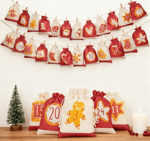 Adventskalender zum Befüllen, Adventskalender Säckchen Selber Befüllen, 24 Groß Weihnachtskalender 2025, Jutesäckchen zum Selber Befüllen mit 1-24 Zahlen, Weihnachtsdeko Geschenksäckchen, Rot 13x18cm