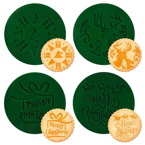 URROMA Weihnachtsplätzchen-Stempel, 4 Stück, grün, Frohe Weihnachten, Acrylformen, Rentier, Winter, Keksstempel, Keks-Backzubehör für Feiertage, 7,6 cm
