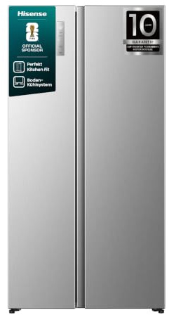 Hisense RS3P538NAIE Kühl-Gefrierkombination/Side by Side/Freistehend/ 527 L/EEK: E/ 39 dB/Perfekt Kitchen Fit/Boden-Kühlsystem/Meta-Tech Cooling/Total No Frost/ (BxHxT): 91,1×178,6×60 cm/Grau