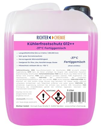 Richter Chemie Kühlerfrostschutz G12++ Fertiggemisch, -37°C, 5 Liter, Pink | Temperaturschutz ca. 135°C, Langzeitkühlmittel bis 5 Jahre / 250.000 km, Korrosionsschutz, für PKW, LKW, Nutzfahrzeuge, Busse