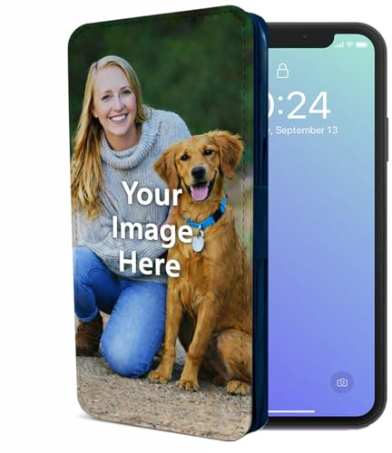 Personalised Phone Case Wallet Flip Cover Compatible with iPhone SE 7 8 X XR 11 12 13 14 15 16 16E 17 Air Plus Mini Pro Max – Faux Leather Image/Picture/Photo Custom Design Black
