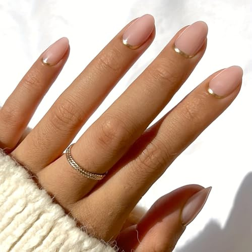 Short Almond Press On Nails with Gold French Tip - Natural Nude Glossy Finish & ABS Material with Jelly Adhesive Tabs, Full Cover Nails for Daily Wear, Office Style and Minimal Manicure