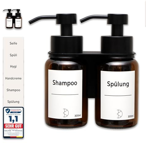 Koffs Design Glas Seifenspender mit Wandbefestigung - 300ml Braunglas Spülmittelspender mit Edelstahl Pumpkopf - Wandmontage ohne Bohren mit 3M Montageband, Set 2-Fach Halter