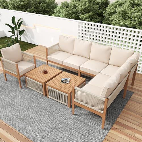Ojjxh Gartenmöbel Set, Sitzgruppe Gartenlounge Set mit Sofa, Tisch & Kissen, Balkonmöbel Set für 7-8 Personen, Outdoor Sofa Sets mit Abnehmbarer und waschbarer Stoffbezug, für Garten, Balkon (Beige)