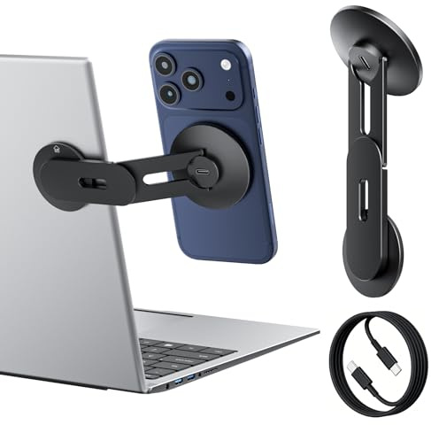 ALAFLY Magnetic Laptop Phone Holder Charger Compatible with MagSafe iPhone, 15W Fast Wireless Charger, 110° Foldable & 180° Adjustable Side Phone Mount for Computer/Tesla/Monitor/All Phones, Black