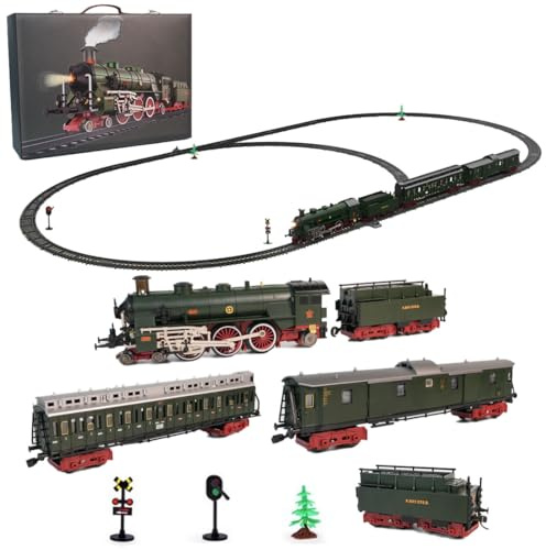 Quibuilds Legierungs-Zugset - Elektrischer Weihnachtszug aus Metall mit Kutschen- und Langgleis, Licht & Sound, Reichlich Zubehör – Großes Gleissystem, Sammlergeschenke für Erwachsene (Dunkelgrün)