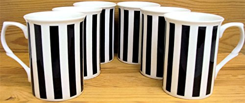 fromeuropewithlove Black Lines Mugs Set of 6 Fine Bone China Black Vertical Lines Mugs Striped Mugs Hand Decorated in the UK