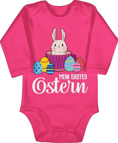 Baby Body langarm Mädchen Junge - Ostergeschenke - Mein erstes Ostern - Hase in Tasse - weiß - 3/6 Monate - Fuchsia - osterhase outfit osteroutfit easter 1 bodys osterbody ostermotiv 1. strampler