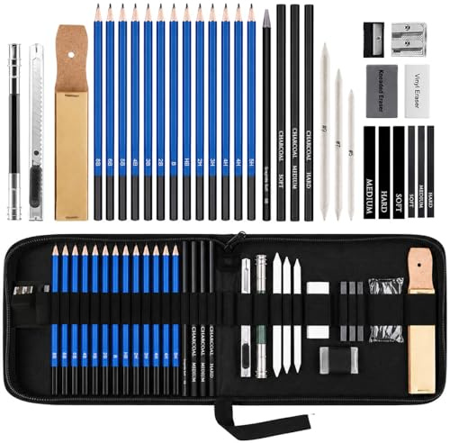 MEIJMJIA YMTECH 33-teiliges Zeichenstifte Set – Skizzieren & Zeichnen mit Bleistiften, Kohlestiften, Papierwischern, Radiergummis & Zubehör im Mäppchen für Anfänger & Künstler