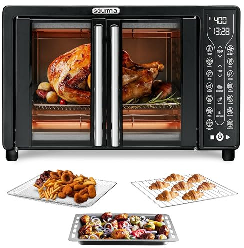 Gourmia Toaster Oven Air Fryer Combo 17 fonctions de cuisson 1700W porte française numérique 24L capacité accessoires, gril, plaque de cuisson, livre de recettes GTF7460, Noir