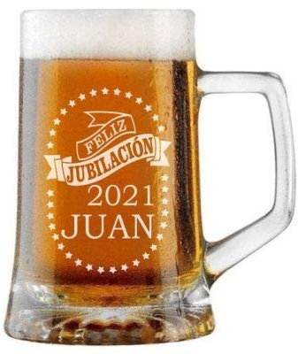 Jarra de Cerveza Personalizada FELIZ JUBILACIÓN ESTRELLAS. Regalo Grabado y Personalizado para Hombre o Mujer. Detalle para Celebraciones Cumpleaños Aniversario Regalo Día de la Madre Jubilación.