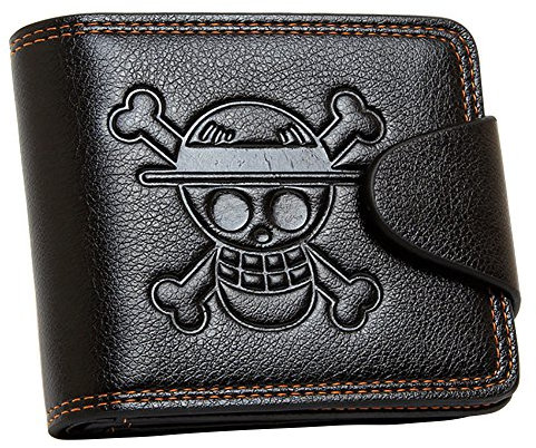 YJacuing Anime One Piece Straw Hat Pirates Jolly Roger Leathercraft Wallet, Schwarz, Medium, Faltbare Brieftasche
