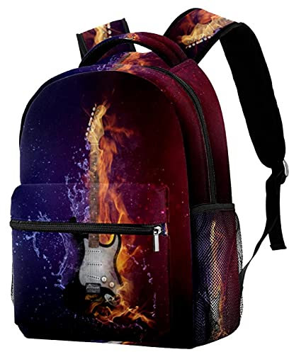 Sac à dos de voyage avec motif de flamme de guitare et porte-bouteille pour filles et garçons