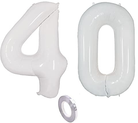 Weiß Luftballons Zahl 40. Geburtstag deko frau mann,Zahlen Ballon 40 Geburtstag deko, 40 Zoll Heliumballon 40 jahre Geburtstagsdeko frauen männer Aufblasbar Helium Folienballon 40 Weiß（40）