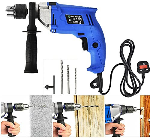 Dayplus Hammer Drill 240V for Wood Metal Concrete, 850W Corded Electric Impact Drill 3000rpm Variable Speed, 2 in 1 with 360° Rotating Handle, 13mm Metal Chuck