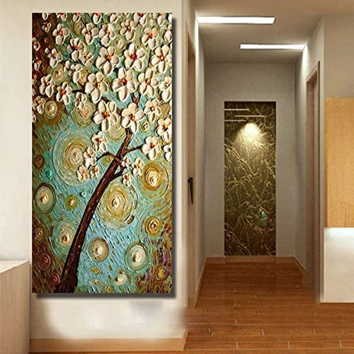 Peinture à l'huile abstraite texturée sur toile pour la maison, grand tableau mural peint à la main, motif couteau abstrait, fleurs blanches, peinture acrylique faite à la main, 90 x 180 cm