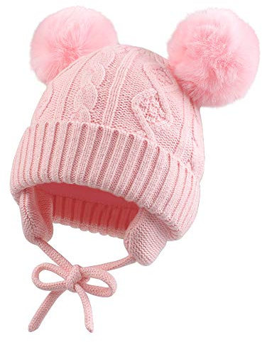 XIAOHAWANG Caldo Cappello Invernale per Bambini Lavorato a Maglia per Ragazzi Ragazze Bambino Neonato Toque con Pompon (da 6 a 24 Mesi, Rosa)