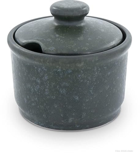 Original Bunzlauer Zuckerdose, V=0,4 Ltr. B=10,6 cm, H=9,7 cm, Dekor ZIELON