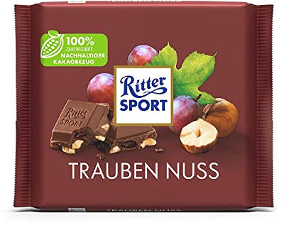 Ritter Sport Trauben Nuss 100 g, Vollmilchschokolade mit saftigen Trauben und knackigen Nüssen, Tafelschokolade mit fruchtig-nussigem Geschmack