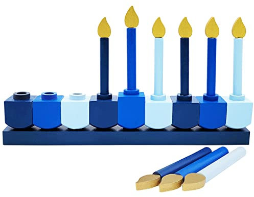 The Dreidel Company Chanukka Chanukah Menora für Kinder, Holz, Dreidel-Design mit abnehmbaren Kerzen (1)