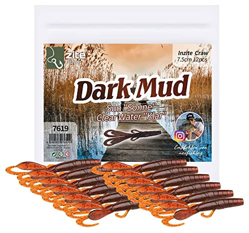 Zite Fishing Creature Bait Gummiköder Inzite Craw - 12 STK Drop Shot Finesse Angelköder Barsch & Zander Angeln - Auch UV-Aktive Kunstköder Farben (Dark Mud)
