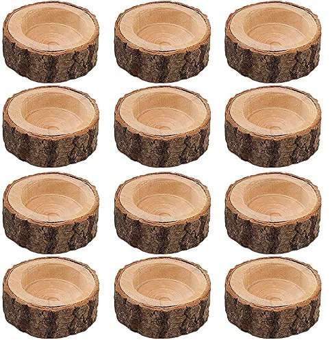12 Stück Holz Kerzenhalter, Teelichthalter aus Holz, Stehen Kerzenständer, Dekorativer Teelichthalter, Baumstumpf Kerzenständer, für Halloween, Weihnachten, Valentinstag, Heimdekoration (2,5 x 6 cm)