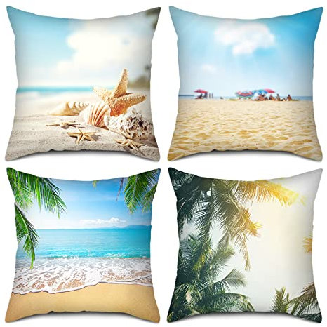 Banemi Kissenbezug 40x40 grün, Linum Kissenhülle Blau Sommer Grün Strand Wurf Kissenbezug für Wohnzimmer Deko, Sofakissen, Schlafzimmer(4er Set)