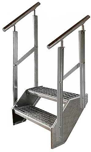 Kaminbau Mierzwa Premium Stahl Treppe Beidseitiges Geländer Verzinkt 2 Stufen (Breite 1200 mm) (Höhe 38 cm) Wetterfest Gitterroststufe Gartentreppe