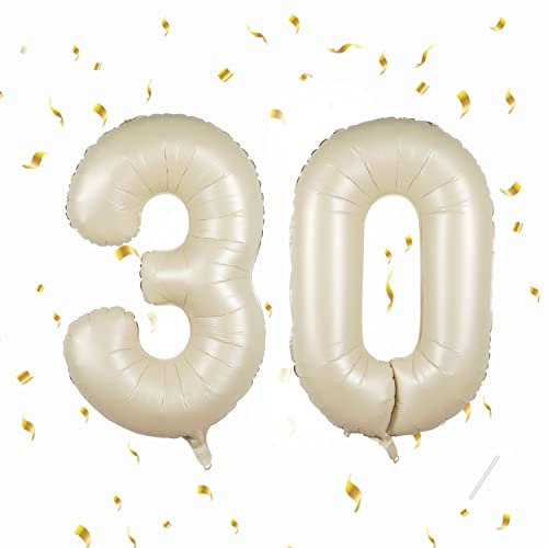 30 Geburtstag Deko zahlen luftballon 30 jahre | Folienballon Beige- für 30. Geburtstagsdeko Männer Frauen Ballon Zahl Deko zum Geburtstag fliegt mit Helium 30.Geburtstagsparty 40-101cm