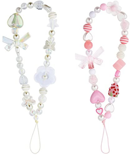 2pcs Charme de Téléphone, Mignon Bracelet et Breloques de Sangles Portable, Lanière Fraise, Papillon et Fleur
