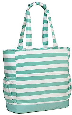 VASCHY Borsa Mare Donna,Borsa Spiaggia Tela Grande Famiglia Impermeabile con Cerniera Beach Bag Pieghevole con Tasche Multifunzione Striscia Verde Chiaro