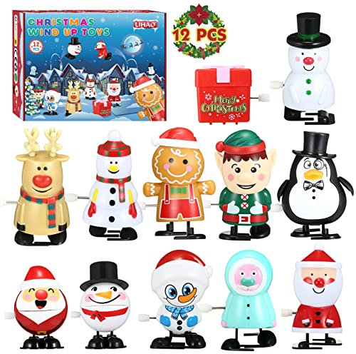 LIHAO 12 Stück Aufziehspielzeug Weihnachten Kinder Uhrwerk Spielzeug Set Weihnachtsmann Schneemann Pinguin Rentier Weihnachts Geschenk mit Geschenkbox für Jungen Mädchen
