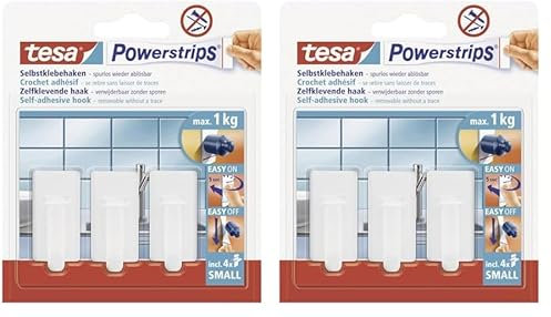 tesa Powerstrips Haken Small CLASSIC - Selbstklebender Wandhaken für Glas, Kacheln, Holz, Kunststoff und andere Untergründe - Weiß (Packung mit 2)