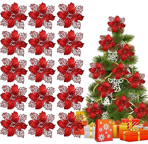 YEAPEAK 15 Stück Weihnachtsstern Künstlich, Weihnachten Blumen, Weihnachtsblumen Deko, Weihnachtsstern Künstlich, Weihnachtsblumen Glitzer, Weihnachtsblume Für Eine Funkelnde Festdekoration! (Rot)