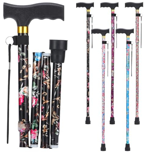 PARLORA Walking Cane for Women and Men, Collapsible, Lightweight, Sleek, Foldable Folding Cane | Walking Sticks for Seniors & Adults with Comfortable T-Handle [Black Flower]